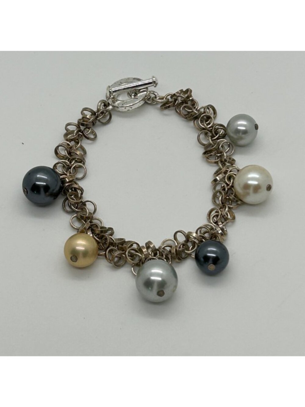 Vintage Silver Tone Chunky Chain Toggle Bracelet Multi-Color Faux Pearl Charms - Picture 8 of 10